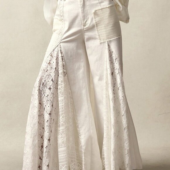 White Casual Women's Boho Bohemian Style Patchwork Mid-Waist Flare Pants - Picture 10 of 14